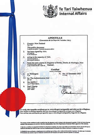 新西蘭公民姓名更改證明海牙認(rèn)證樣本