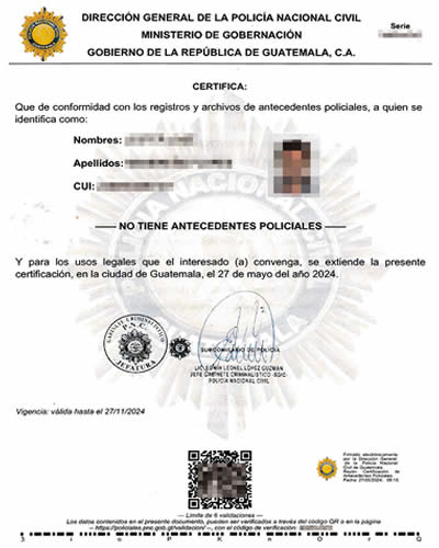 危地馬拉Guatemala無犯罪記錄證明海牙認證樣本